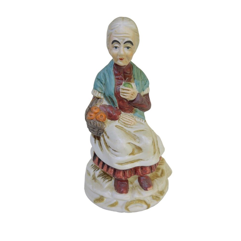 Bisque Ceramic Vintage 6” Older Lady Sitting Basket Apples Hair Bun Dressy Apron
